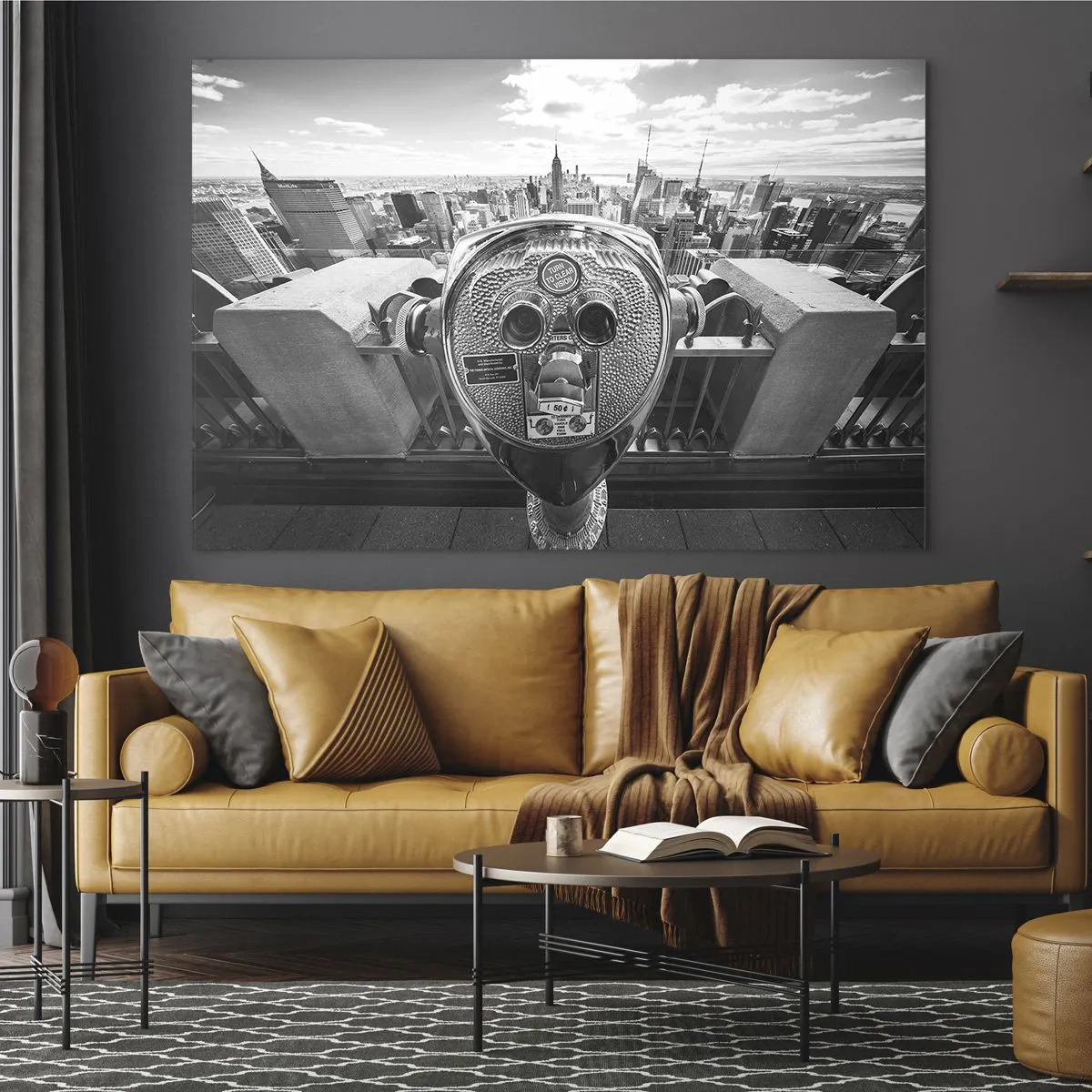 Obraz na skle - Černobílý pohled na New York pozorovacím dalekohledem - 70x50cm - Město nad městy - Moderní nástěnná dekorace do obývacího pokoje a ložnice ARTTOR