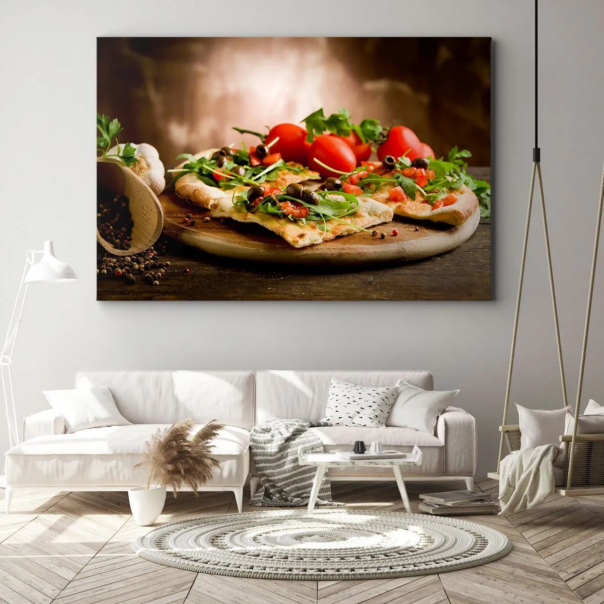 Obraz na plátně - Pizza se zeleninou na dřevěném prkénku v rustikálním stylu - 70x50cm - Přímo z pece a ze zahrady - Moderní nástěnná dekorace do obývacího pokoje a ložnice ARTTOR