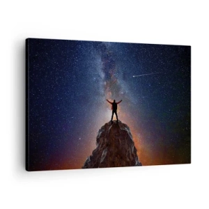 Obraz na plátně - Postava na vrcholu hory pod hvězdnou oblohou - 70x50cm - Síla je se mnou! - Moderní nástěnná dekorace do obývacího pokoje a ložnice ARTTOR