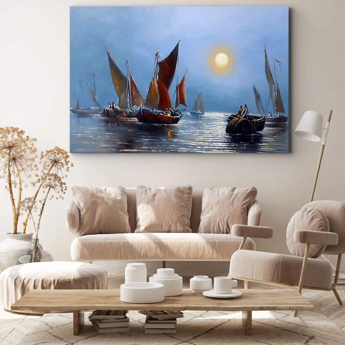 Obraz na plátně - Lodě s plachtami na klidné vodě při západu slunce - 70x50cm - Noční rybolov - Moderní nástěnná dekorace do obývacího pokoje a ložnice ARTTOR