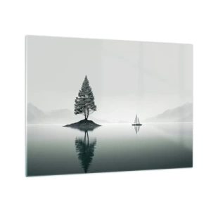 Obraz na skle - Osamělý strom na ostrově a plachetnice na klidném jezeře - 70x50cm - Snění - Moderní nástěnná dekorace do obývacího pokoje a ložnice ARTTOR
