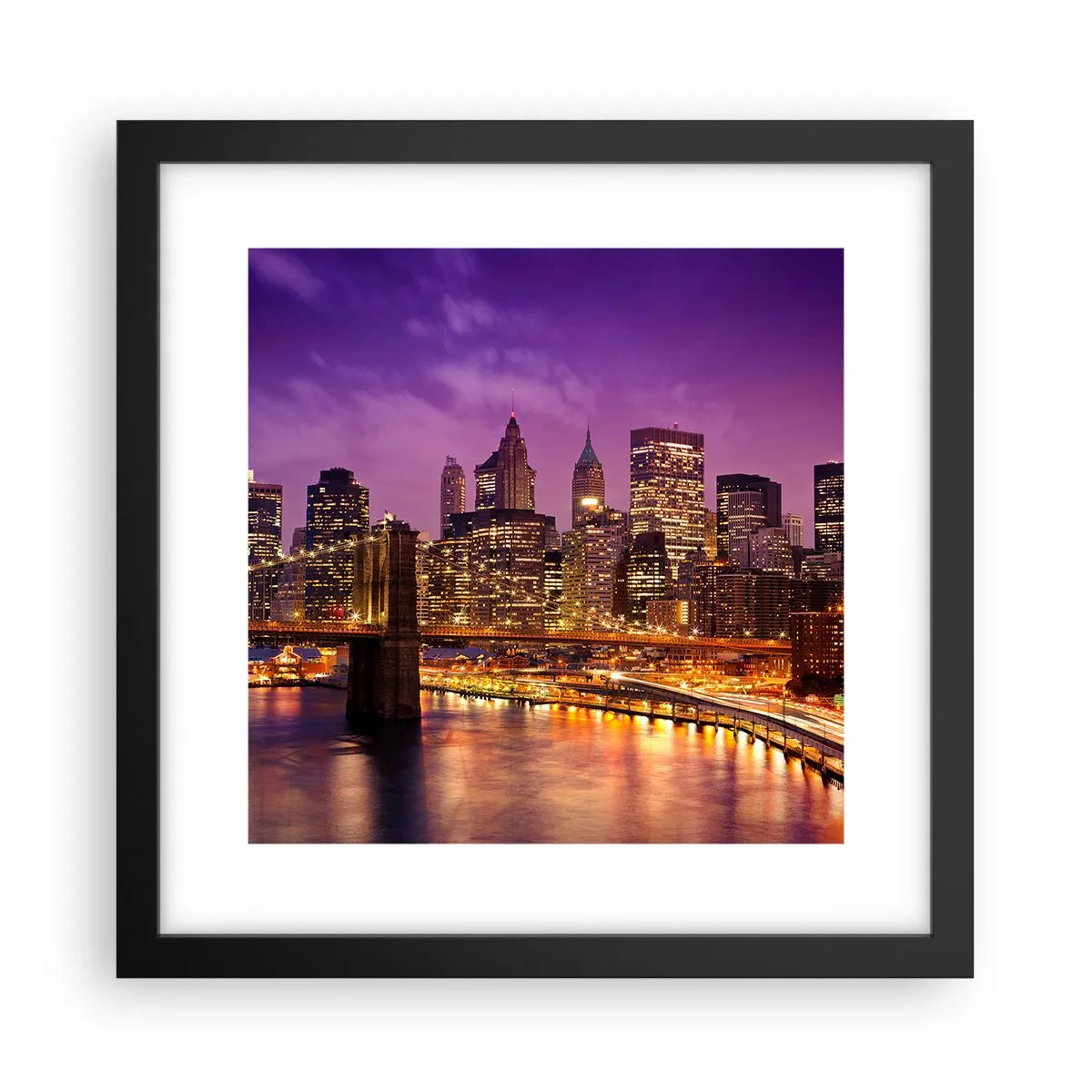 Plakát v černém rámu - Fialovo-zlatý Manhattan - 30x30 cm