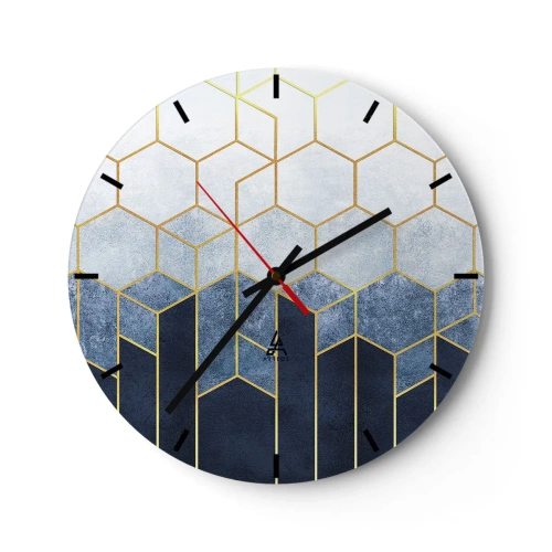 Nástěnné hodiny - Geometrický krychlový vzor v odstínech modré a zlaté - 30x30cm - Kompozice v synkopickém rytmu - Moderní nástěnná dekorace do obývacího pokoje, kuchyně a ložnice ARTTOR
