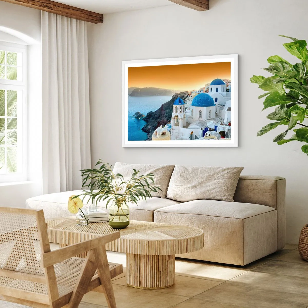 Plakát v bílém rámu - Santorini - přitulené ke skalám - 100x70 cm