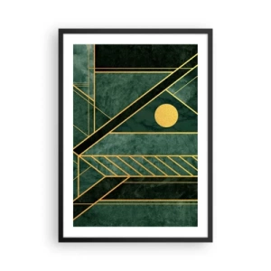 Plakát v černém rámu - Geometrická abstrakce v zelené barvě se zlatými akcenty - 50x70cm - Dynamika zlata a lazuritu - Moderní nástěnná dekorace do obývacího pokoje a ložnice ARTTOR