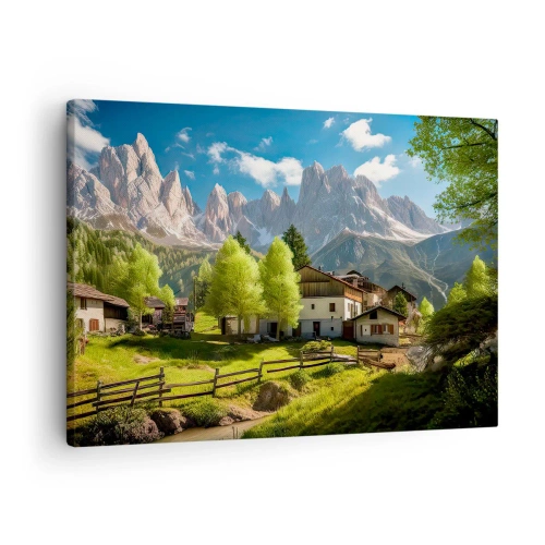Obraz na plátně - Horská vesnice s domy a výhledem na Alpy - 70x50cm - Alpská idyla - Moderní nástěnná dekorace do obývacího pokoje a ložnice ARTTOR