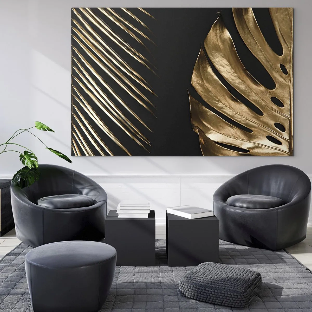 Obraz na skle - Zlaté palmové listy a monstery na černém pozadí - 70x50cm - Jiné ale stejně drahé - Moderní nástěnná dekorace do obývacího pokoje a ložnice ARTTOR