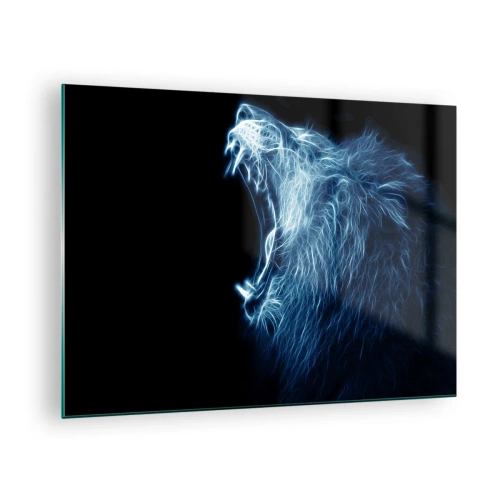 Obraz na skle - Výrazné neonové znázornění řvoucího lva na černém pozadí. - 70x50cm - Ohnivý hněv krále - Moderní nástěnná dekorace do obývacího pokoje a ložnice ARTTOR