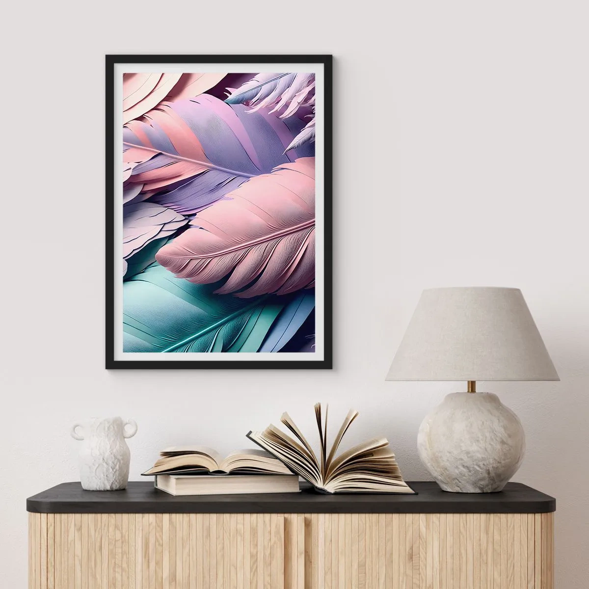 Plakát v černém rámu - Pastelové peří v jemných odstínech - 50x70cm - Ptačí styl - Moderní nástěnná dekorace do obývacího pokoje a ložnice ARTTOR
