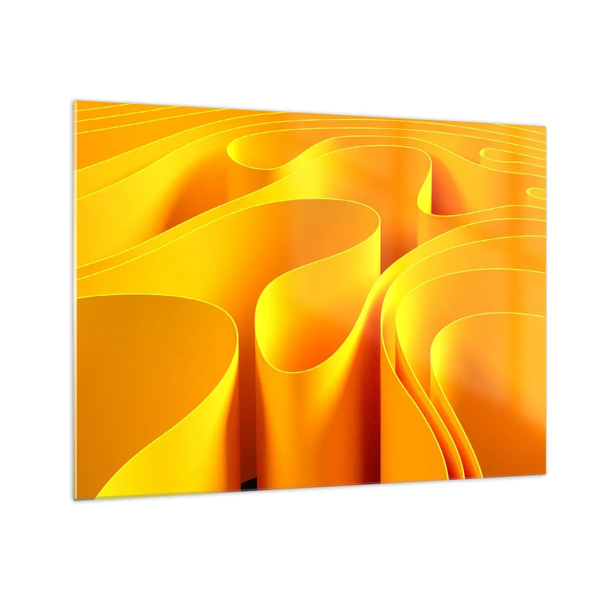 Obraz na skle - Abstraktní vlny v odstínech zlaté a oranžové - 70x50cm - Jako sluneční vlny - Moderní nástěnná dekorace do obývacího pokoje a ložnice ARTTOR
