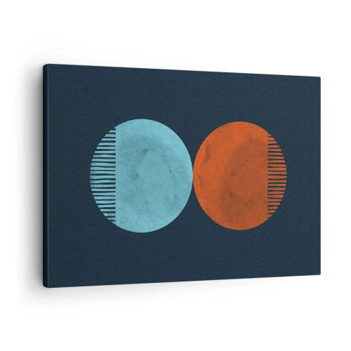 Obraz na plátně - Minimalistický design dvou kol v modré a oranžové barvě - 70x50cm - Pouze geometrie? - Moderní nástěnná dekorace do obývacího pokoje a ložnice ARTTOR