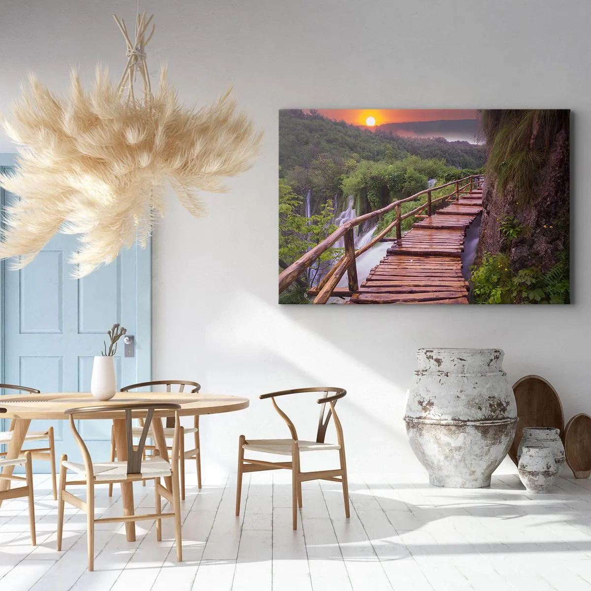 Obraz na plátně - Most s výhledem na vodopády při západu slunce - 70x50cm - Neuvěřitelná krása - Moderní nástěnná dekorace do obývacího pokoje a ložnice ARTTOR