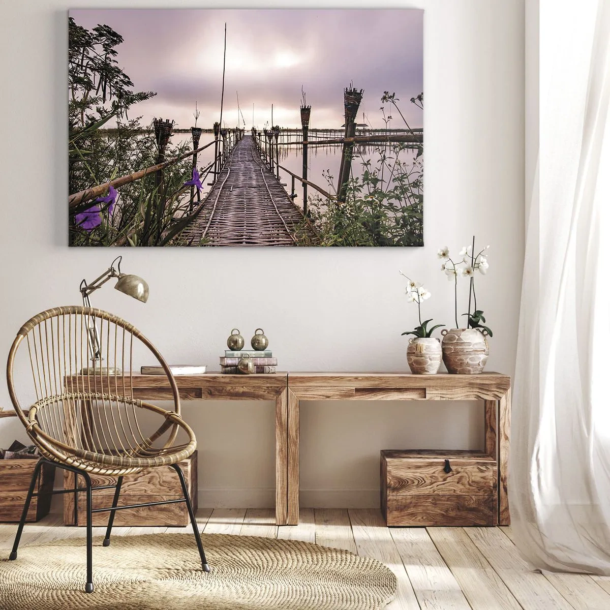 Obraz na plátně - Bambusový most přes vodu za úsvitu - 70x50cm - Klid a pohoda Asie - Moderní nástěnná dekorace do obývacího pokoje a ložnice ARTTOR