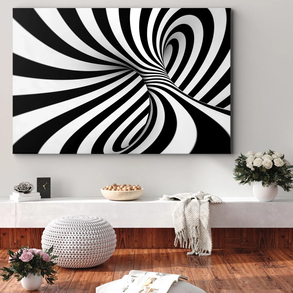 Obraz na plátně - Abstraktní tunel s černými a bílými spirálovými pruhy - 70x50cm - Kompozice: tančící prostor - Moderní nástěnná dekorace do obývacího pokoje a ložnice ARTTOR