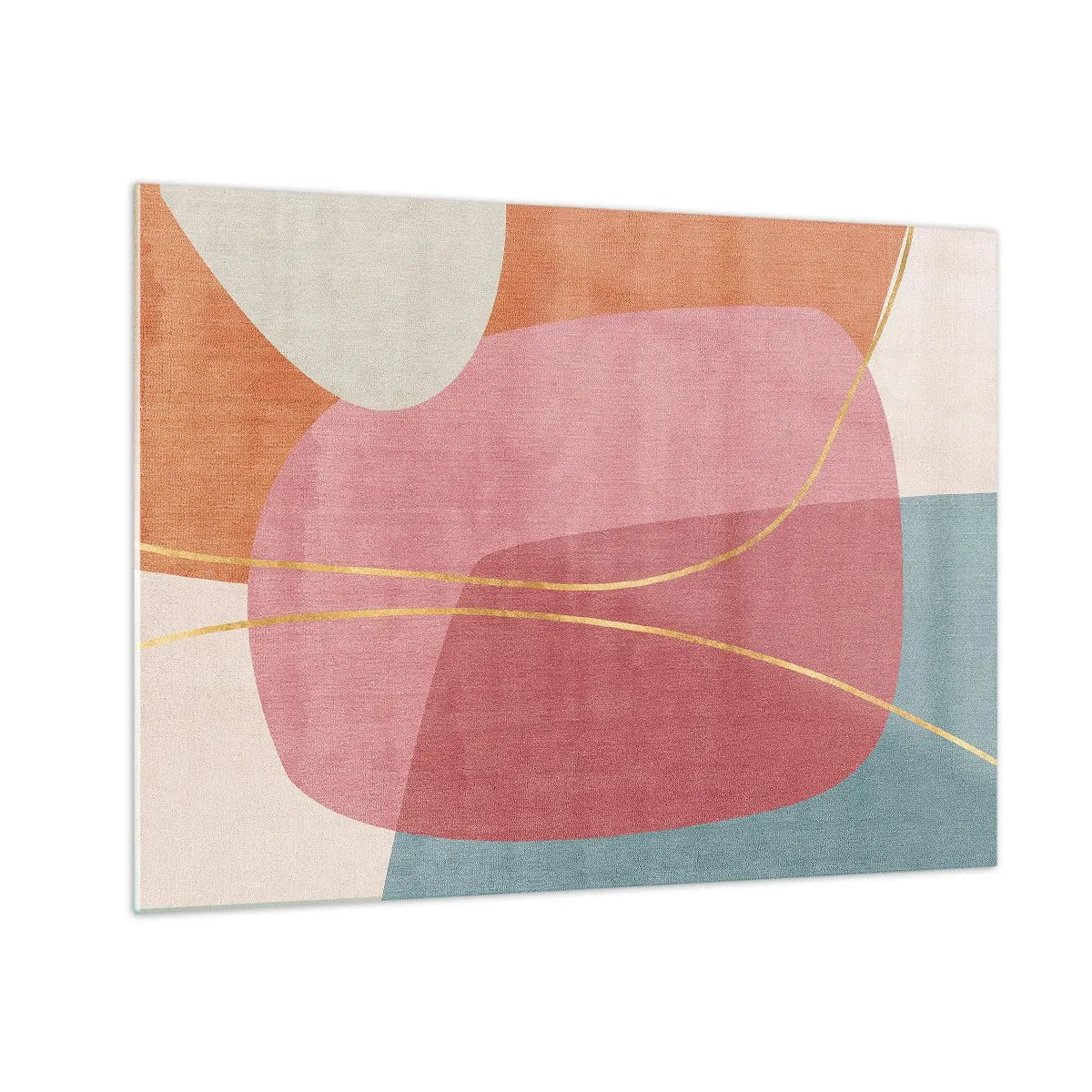 Obraz na skle - Pastelové tvary s protínajícími se zlatými čarami - 70x50cm - Pastelová kompozice se zlatou nití - Moderní nástěnná dekorace do obývacího pokoje a ložnice ARTTOR