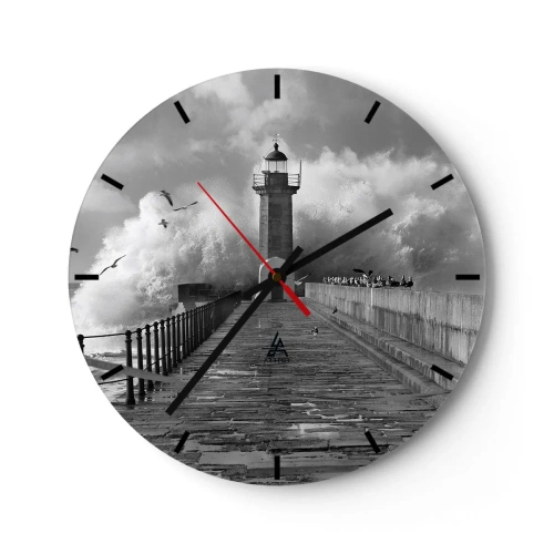 Nástěnné hodiny - Maják na pozadí rozbouřených vln a racků - 30x30cm - Nebojácná - Moderní nástěnná dekorace do obývacího pokoje, kuchyně a ložnice ARTTOR