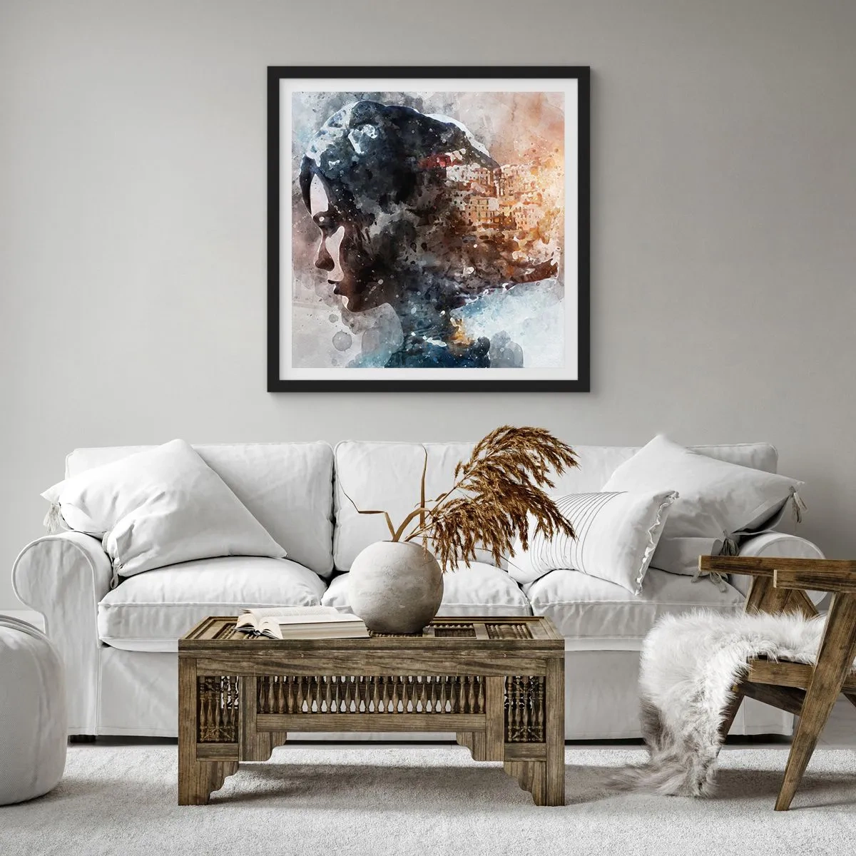 Plakát v černém rámu - Příběh o dívce s městem v pozadí - 50x50 cm