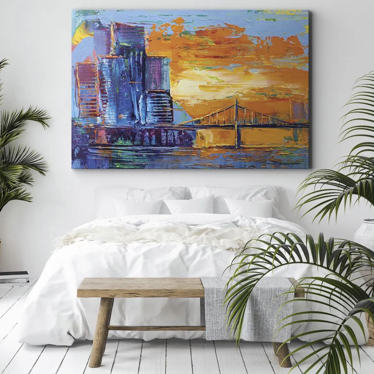 Obraz na plátně - Barevné město s mostem v zapadajícím slunci - 70x50cm - Kultura a příroda - Moderní nástěnná dekorace do obývacího pokoje a ložnice ARTTOR