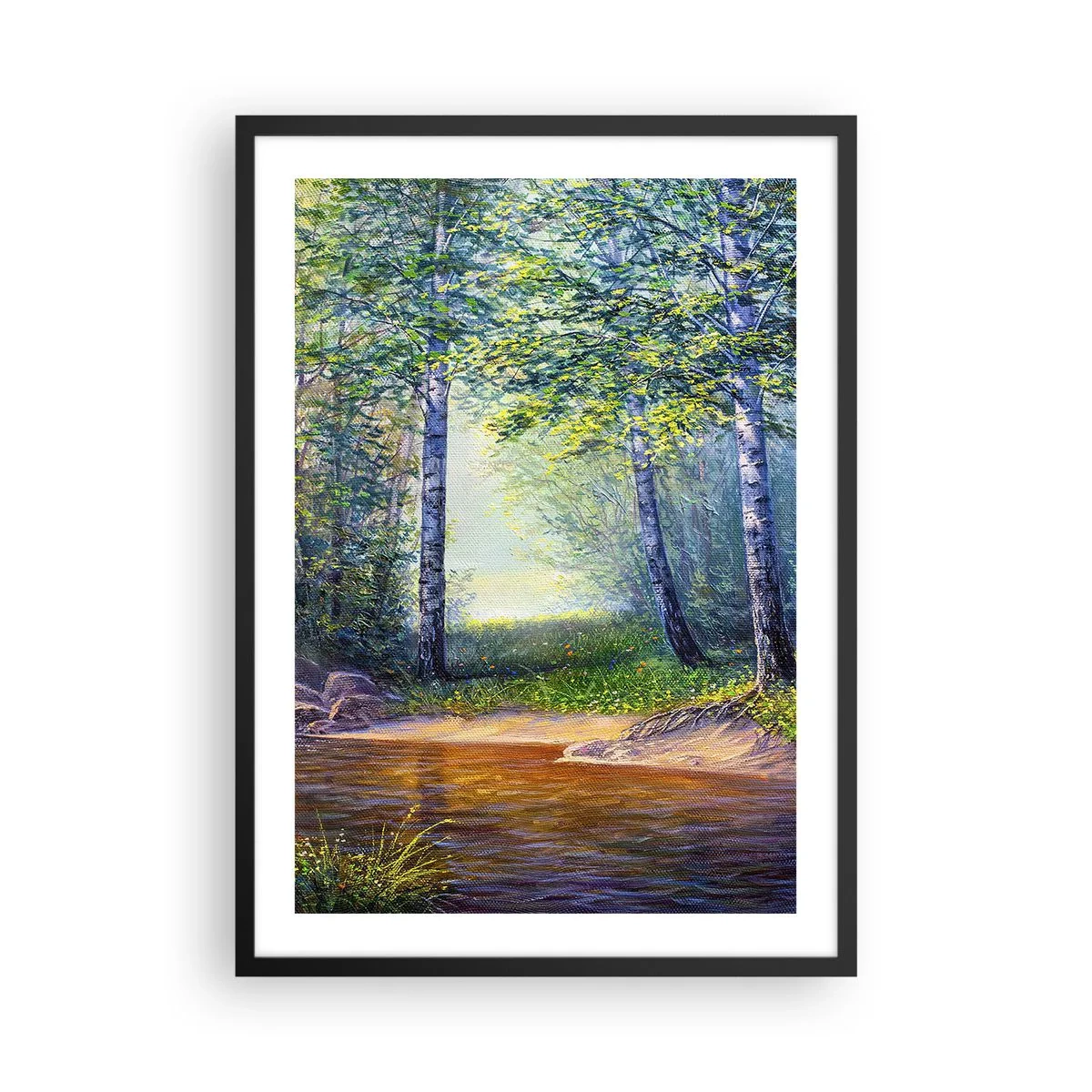 Plakát v černém rámu - Lesní mýtina s břízami a potokem v paprscích slunce - 50x70cm - Scénář selanky - Moderní nástěnná dekorace do obývacího pokoje a ložnice ARTTOR