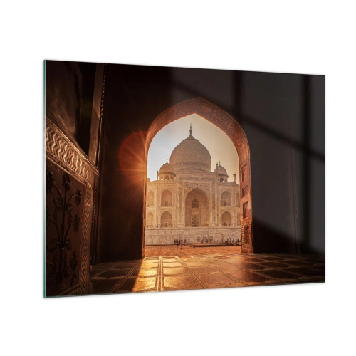 Obraz na skle - Západ slunce nad monumentální budovou vidět skrz oblouk - 70x50cm - Památník nadpozemské lásky - Moderní nástěnná dekorace do obývacího pokoje a ložnice ARTTOR