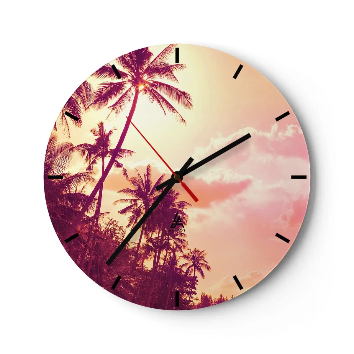 Nástěnné hodiny - Palmy proti obloze při západu slunce - 30x30cm - Musíš si vybrat - Moderní nástěnná dekorace do obývacího pokoje, kuchyně a ložnice ARTTOR