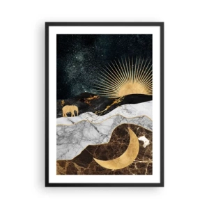 Plakát v černém rámu - Zlatá krajina s měsícem, sluncem a siluetou slona - 50x70cm - Odvěké práva - Moderní nástěnná dekorace do obývacího pokoje a ložnice ARTTOR