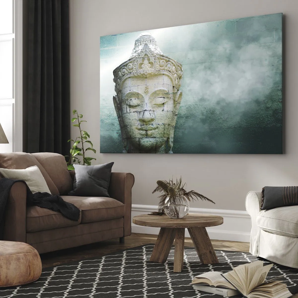 Obraz na plátně - Socha Buddhy s jemnou mlhou na zeleném pozadí - 70x50cm - Hledajíc světlo - Moderní nástěnná dekorace do obývacího pokoje a ložnice ARTTOR