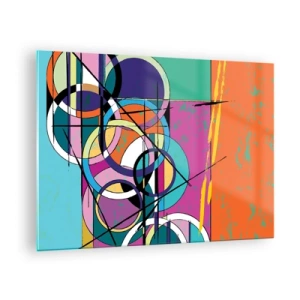 Obraz na skle - Barevná abstrakce s geometrickými tvary a kruhy - 70x50cm - Kruh za kruhem - Moderní nástěnná dekorace do obývacího pokoje a ložnice ARTTOR