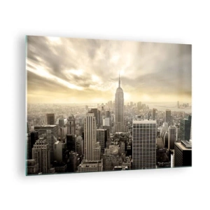 Obraz na skle - Panorama města s mrakodrapy a Empire State Building - 70x50cm - New York utkaný z šedi - Moderní nástěnná dekorace do obývacího pokoje a ložnice ARTTOR