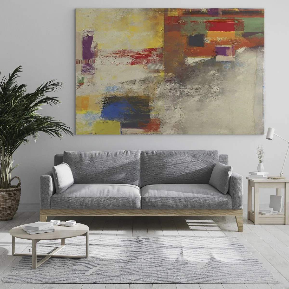 Obraz na skle - Barevná abstrakce s geometrickými tvary - 70x50cm - Geometrie barev - Moderní nástěnná dekorace do obývacího pokoje a ložnice ARTTOR