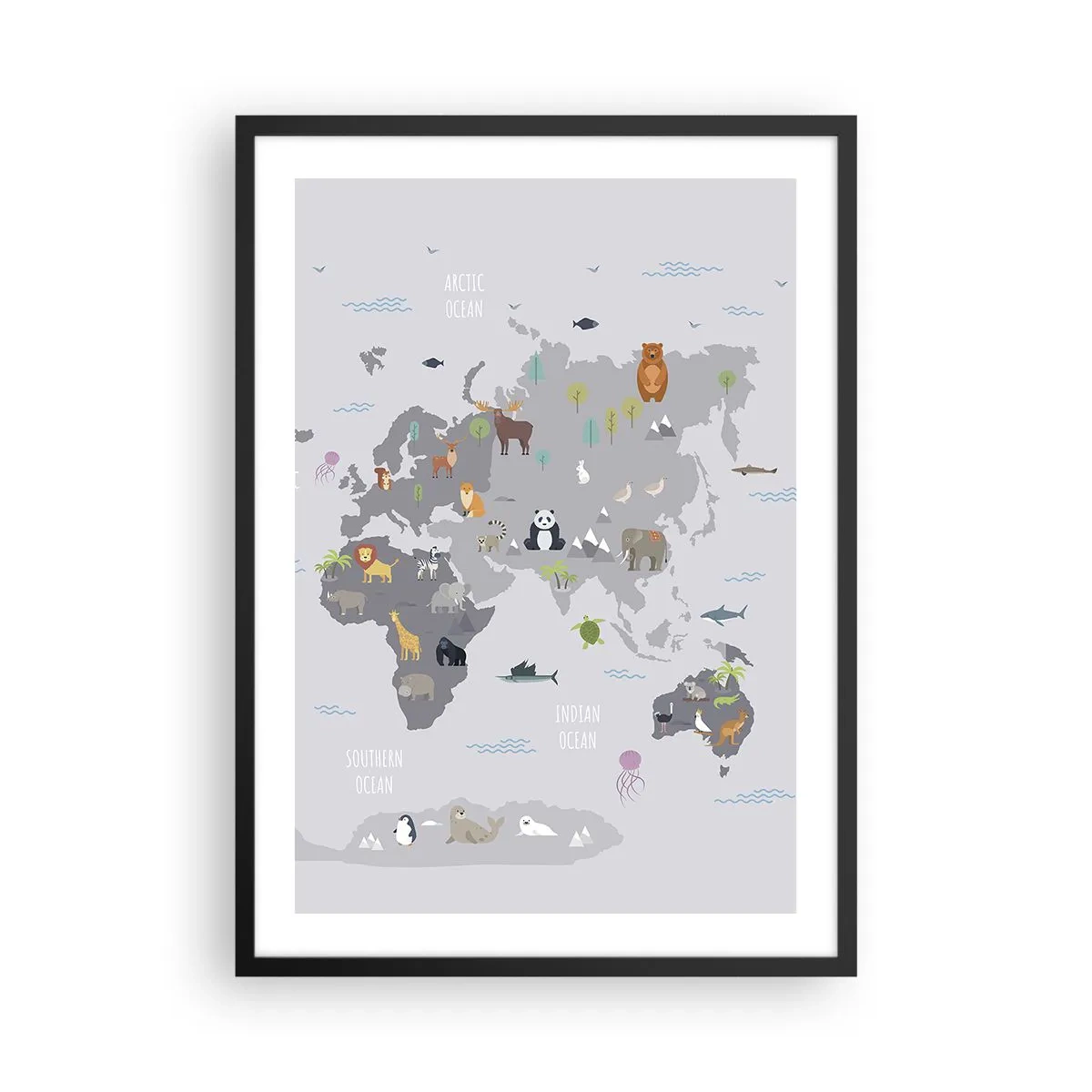 Plakát v černém rámu - Mapa světa s barevnými zvířaty pro děti - 50x70cm - Řekni mi, odkud jsi… - Moderní nástěnná dekorace do obývacího pokoje a ložnice ARTTOR