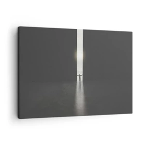 Obraz na plátně - Muž stojící ve světle úzké štěrbiny v tmavém prostoru - 70x50cm - Krok ke světlé budoucnosti - Moderní nástěnná dekorace do obývacího pokoje a ložnice ARTTOR