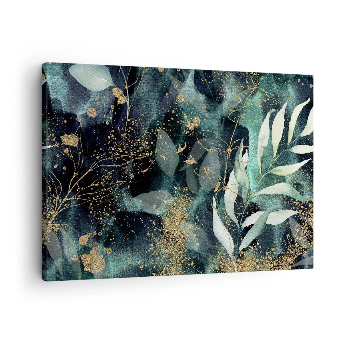 Obraz na plátně - Elegantní listy na tmavém pozadí se zlatými akcenty - 70x50cm - Kouzelná zahrada - Moderní nástěnná dekorace do obývacího pokoje a ložnice ARTTOR
