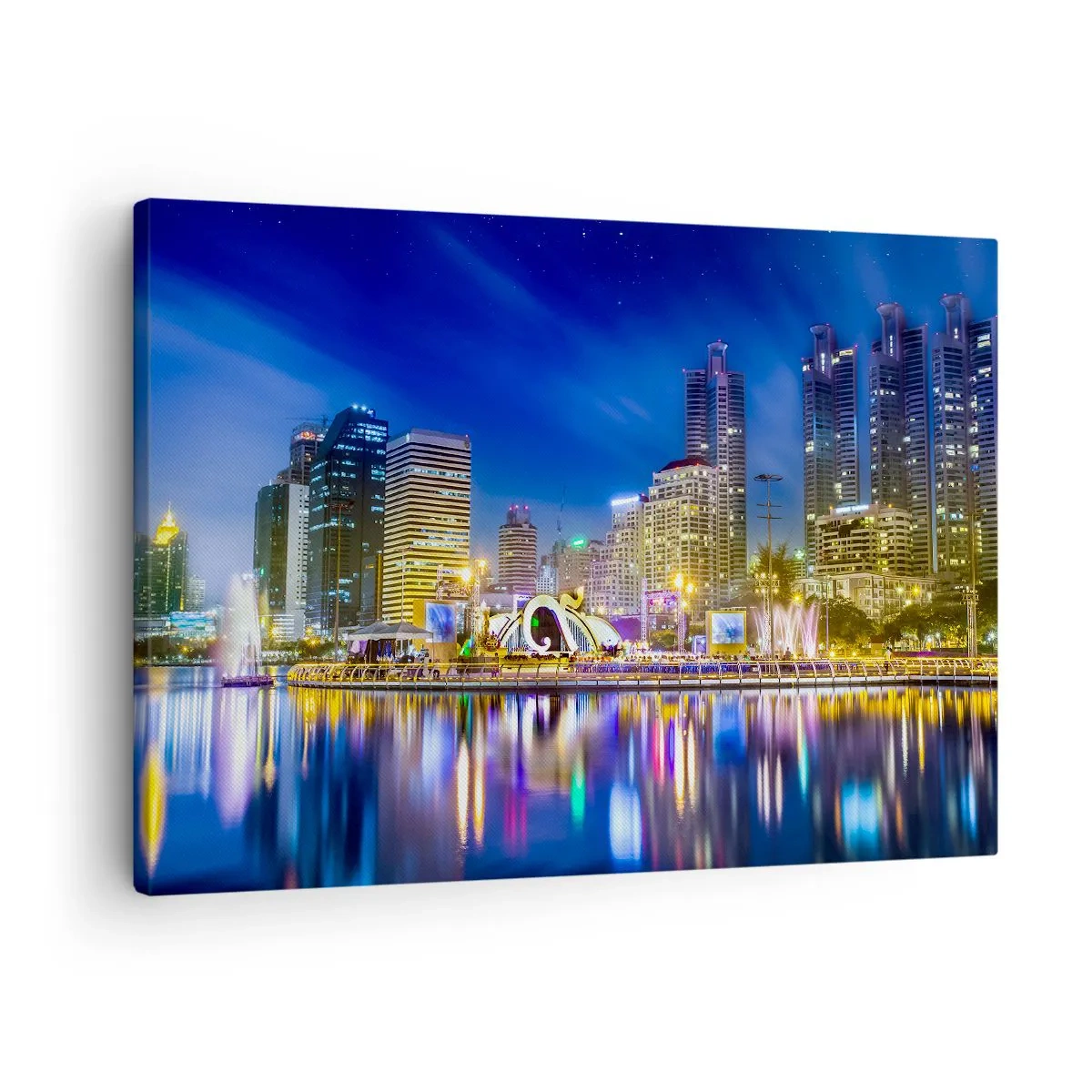 Obraz na plátně - Noční panorama města se světly odrážejícími se na vodě - 70x50cm - Duhová noc metropole - Moderní nástěnná dekorace do obývacího pokoje a ložnice ARTTOR