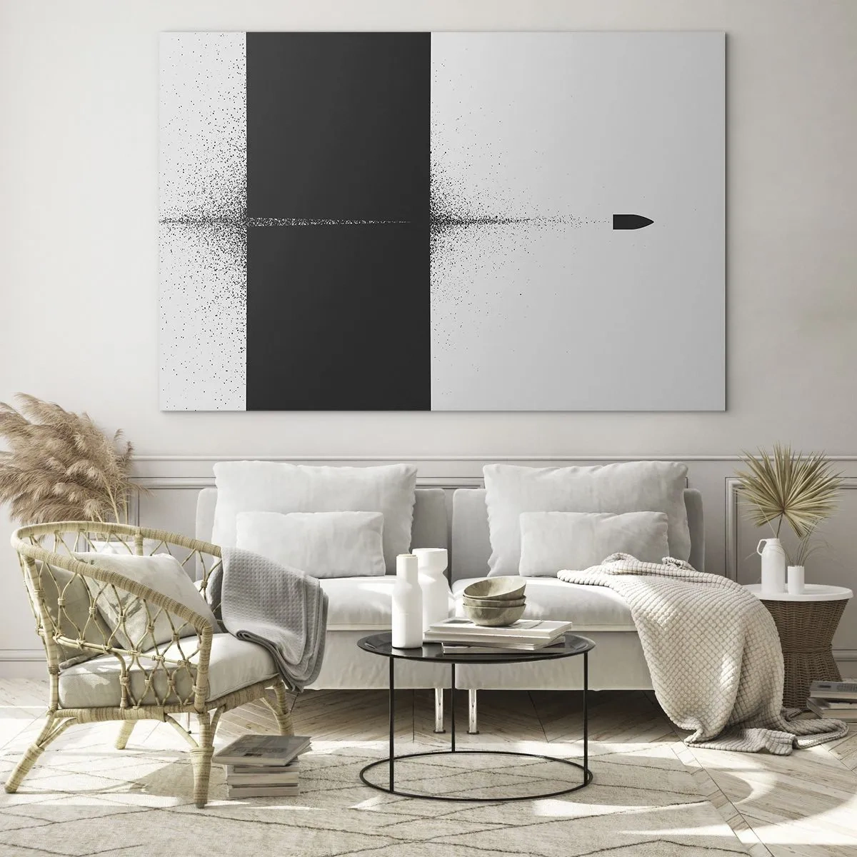 Obraz na skle - Abstraktní kompozice černé a bílé s dynamickou linií - 70x50cm - Přímo k cílu - Moderní nástěnná dekorace do obývacího pokoje a ložnice ARTTOR