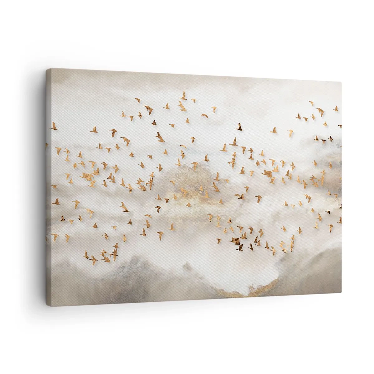 Obraz na plátně - Zlatí ptáci proti mlhavým horám - 70x50cm - Je čas… - Moderní nástěnná dekorace do obývacího pokoje a ložnice ARTTOR