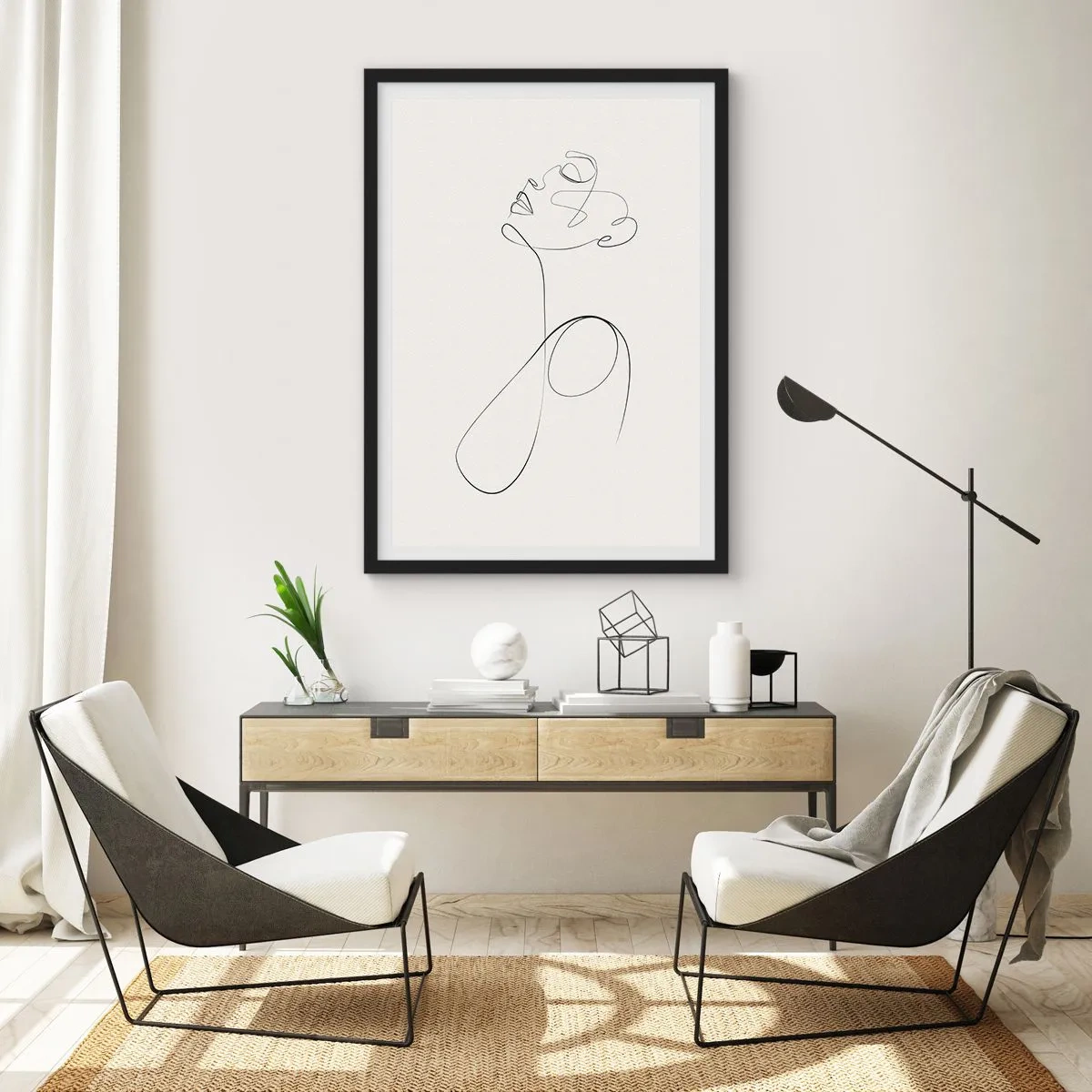 Plakát v černém rámu - Minimalistická linie vytvářející ženskou siluetu - 50x70cm - Zamotaná ve snech - Moderní nástěnná dekorace do obývacího pokoje a ložnice ARTTOR
