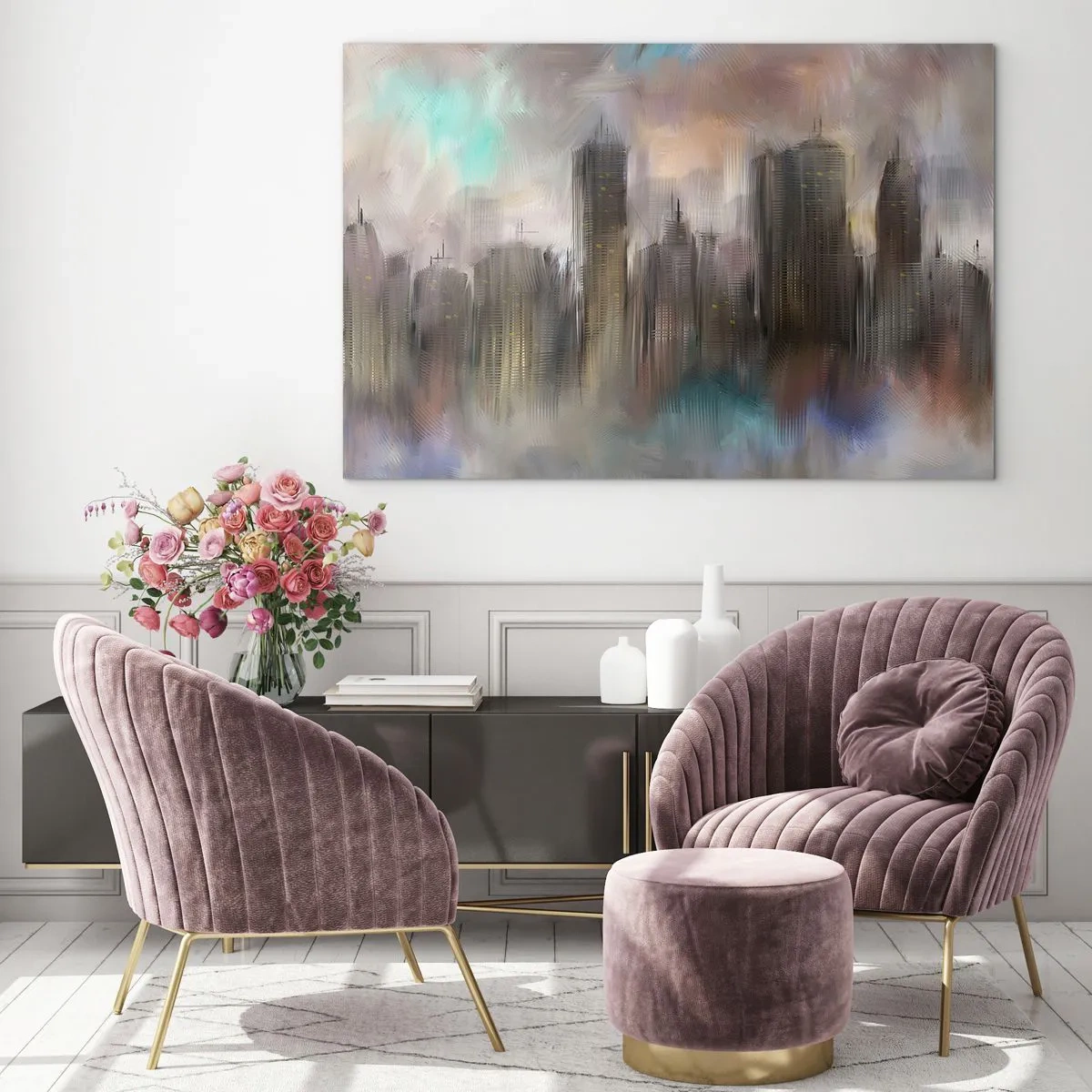 Obraz na skle - Abstraktní obraz města s mrakodrapy - 70x50cm - Kompozice z oceli, kamene a mlhy - Moderní nástěnná dekorace do obývacího pokoje a ložnice ARTTOR