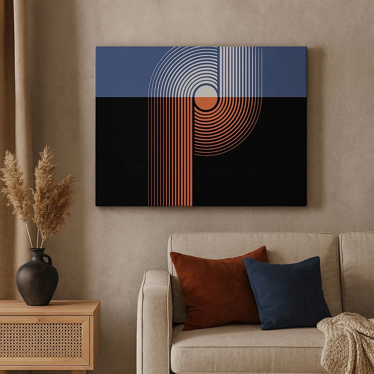 Obraz na plátně - Geometrická abstrakce s linkami v tmavě modré a oranžové barvě. - 70x50cm - V geometrickém objetí - Moderní nástěnná dekorace do obývacího pokoje a ložnice ARTTOR