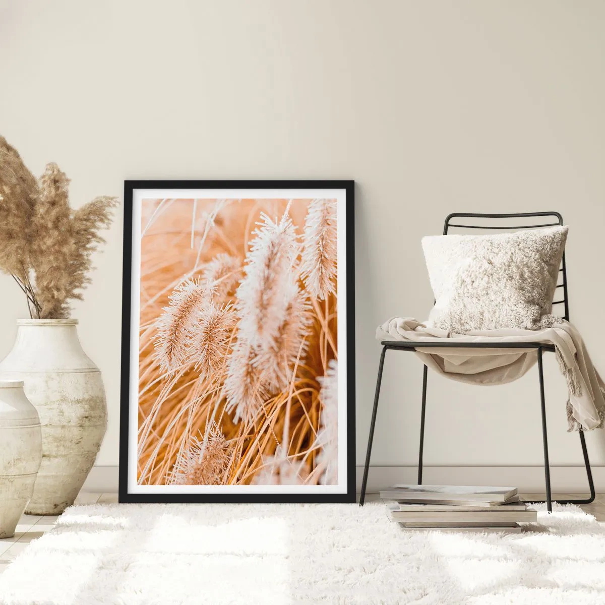 Plakát v černém rámu - Jemné travnaté klasy v pastelových odstínech béžové - 50x70cm - Zlaté šustění travin - Moderní nástěnná dekorace do obývacího pokoje a ložnice ARTTOR