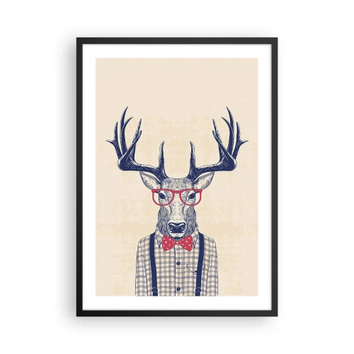 Plakát v černém rámu - Stylový jelen s brýlemi a motýlkem na béžovém pozadí - 50x70cm - Zábavná extravagance - Moderní nástěnná dekorace do obývacího pokoje a ložnice ARTTOR