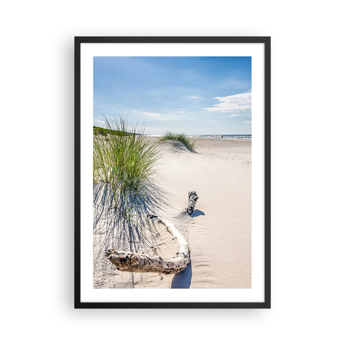 Plakát v černém rámu - Pláž s dunami, trávou a větvemi na slunci - 50x70cm - Nejkrásnější? Baltská - Moderní nástěnná dekorace do obývacího pokoje a ložnice ARTTOR