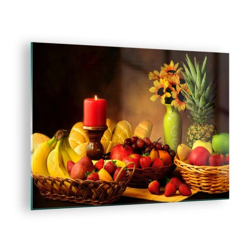 Obraz na skle - Kompozice z ovoce, chleba a svíčky v rustikálním stylu - 70x50cm - Zátiší s pečivem a ovocem - Moderní nástěnná dekorace do obývacího pokoje a ložnice ARTTOR