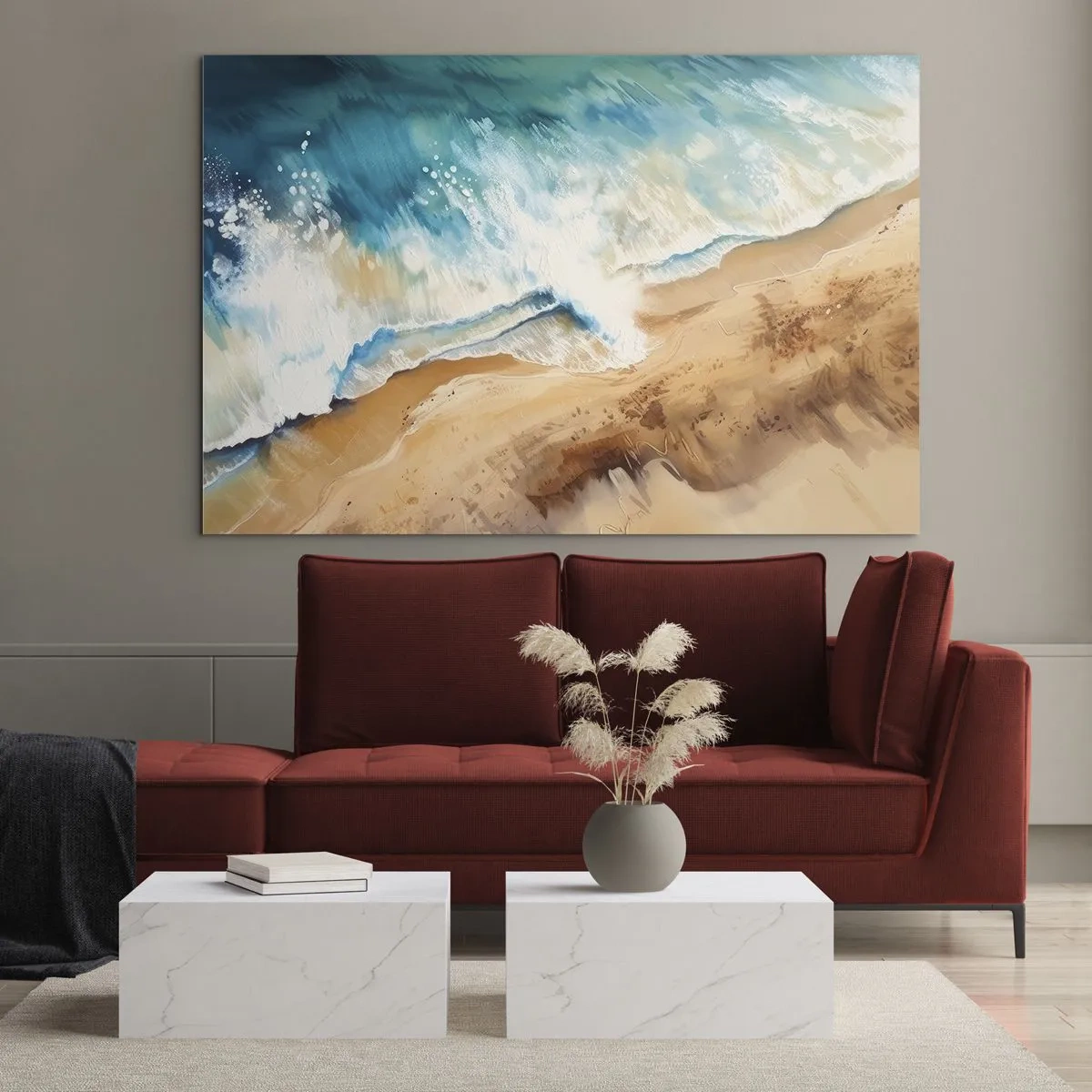 Obraz na skle - Pohled z ptačí perspektivy na modrou mořskou vlnu narážející na písečné pobřeží - 70x50cm - Vlna, která se vrací - Moderní nástěnná dekorace do obývacího pokoje a ložnice ARTTOR