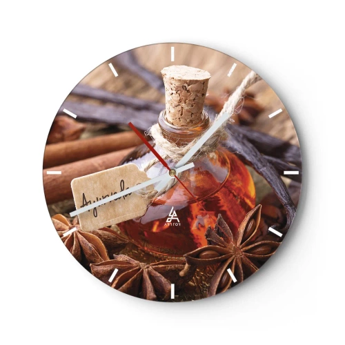 Nástěnné hodiny - Láhev s kořením obklopená anýzem a vanilkou - 30x30cm - K jednotě těla a ducha - Moderní nástěnná dekorace do obývacího pokoje, kuchyně a ložnice ARTTOR