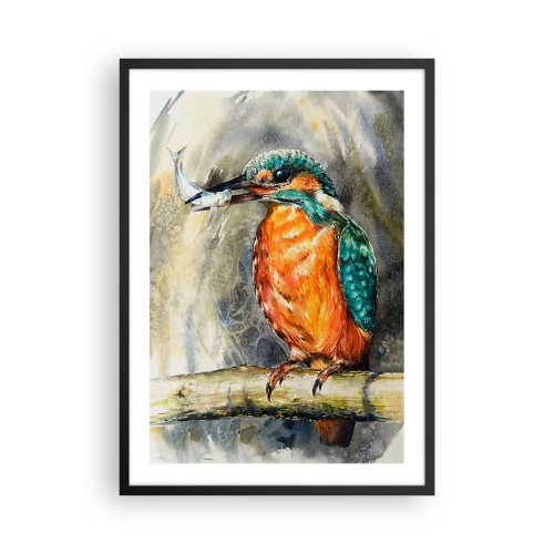 Plakát v černém rámu - Vodní lev držící rybu proti přírodní krajině ve stylu akvarelu. - 50x70cm - Přírodní zákon - Moderní nástěnná dekorace do obývacího pokoje a ložnice ARTTOR