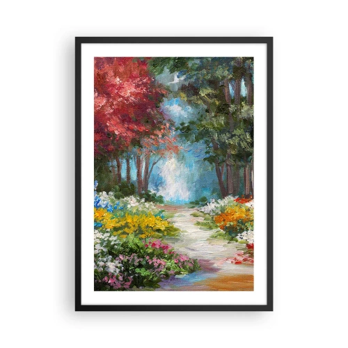 Plakát v černém rámu - Barevná lesní zahrada plná květin a stromů - 50x70cm - Lesní zahrada, květinový les - Moderní nástěnná dekorace do obývacího pokoje a ložnice ARTTOR