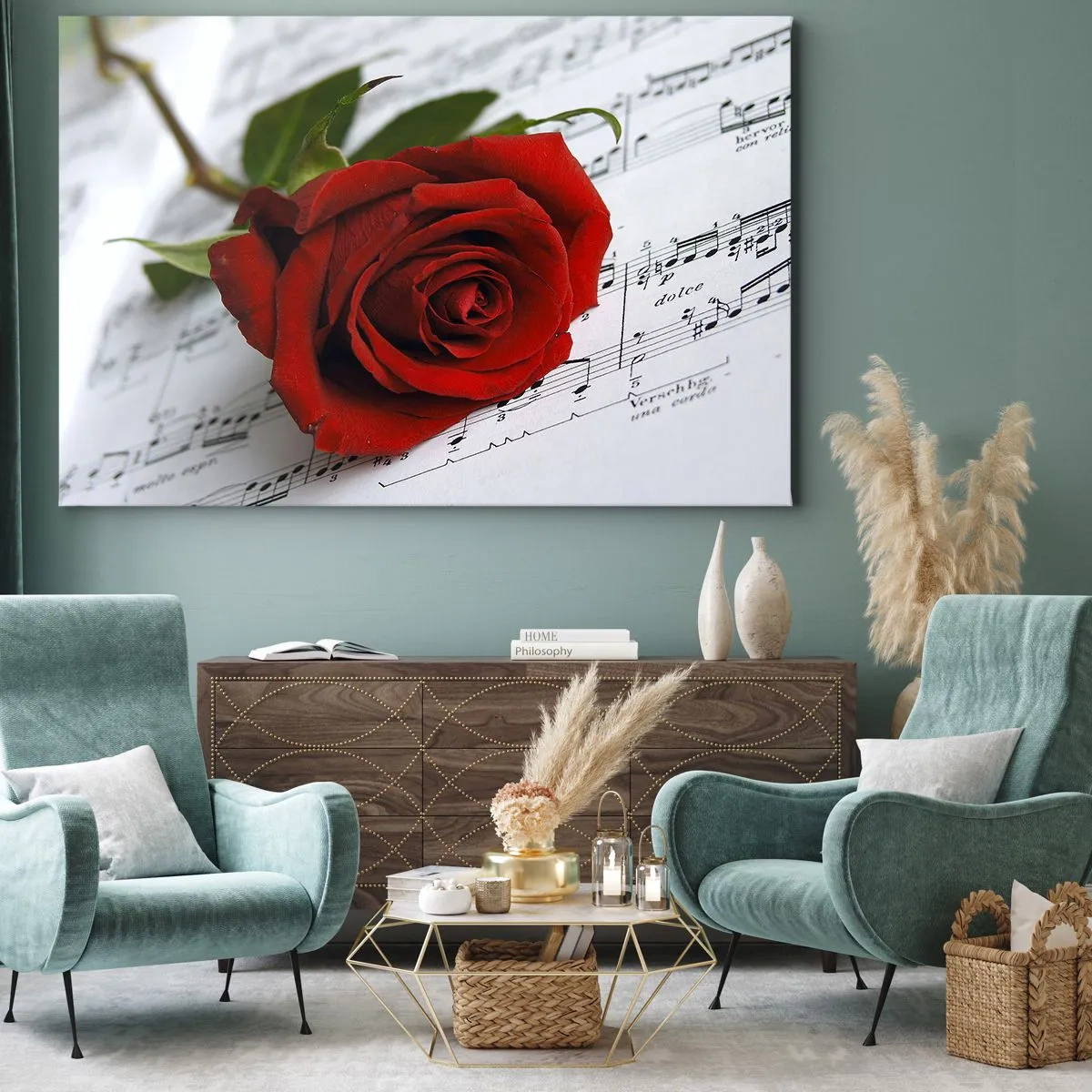 Obraz na plátně - Červená růže na pozadí hudebních not na bílém papíře. - 70x50cm - Hudba pocitu v šarlatové - Moderní nástěnná dekorace do obývacího pokoje a ložnice ARTTOR