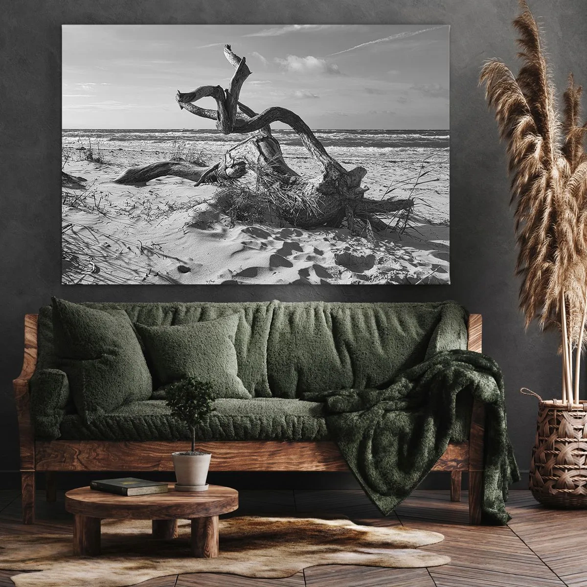 Obraz na plátně - Černobílá krajina s mrtvým stromem na pláži - 70x50cm - Mořská socha - Moderní nástěnná dekorace do obývacího pokoje a ložnice ARTTOR
