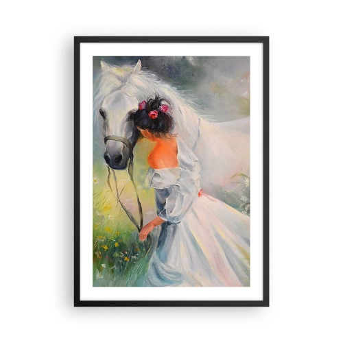 Plakát v černém rámu - Žena s bílým koněm v malířském stylu - 50x70cm - Jako z krásného snu - Moderní nástěnná dekorace do obývacího pokoje a ložnice ARTTOR
